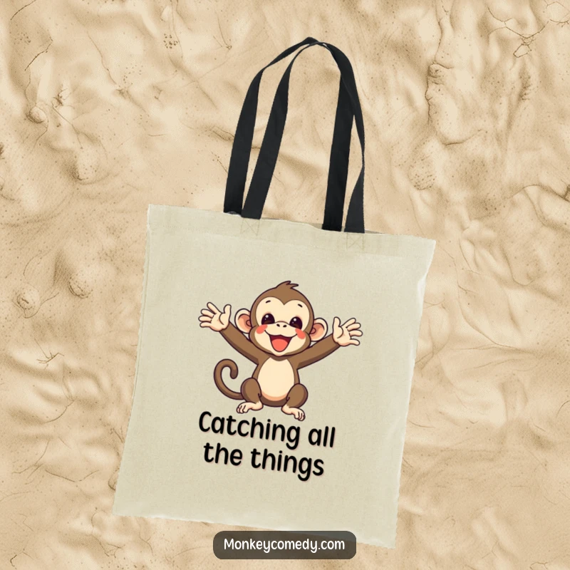 Funny Monkey Tote Bag: a primate with arms ready to catch, symbolizing preparedness and humor.
