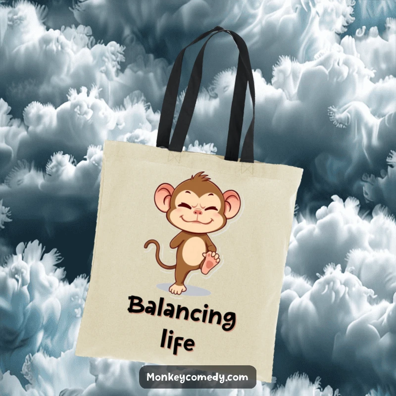 Funny Monkey Tote Bag featuring a primate in a funny grimace, attempting to balance on one leg.