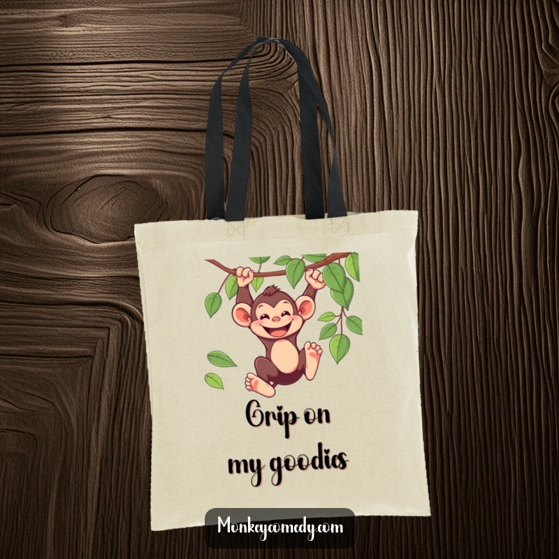 Funny Tote Bag: A playful monkey swings from a vine with a wide grin, ready to carry your belongings humorously.