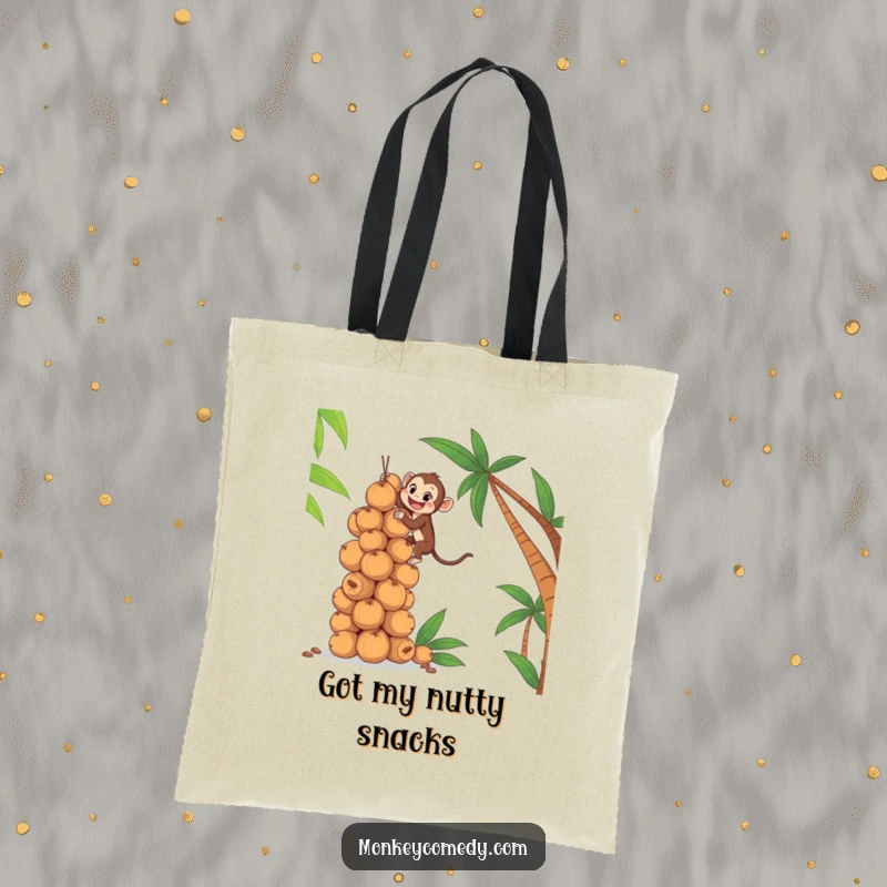 Funny tote bag featuring a motivated monkey climbing a high pile of coconuts, useful for everyday adventures.