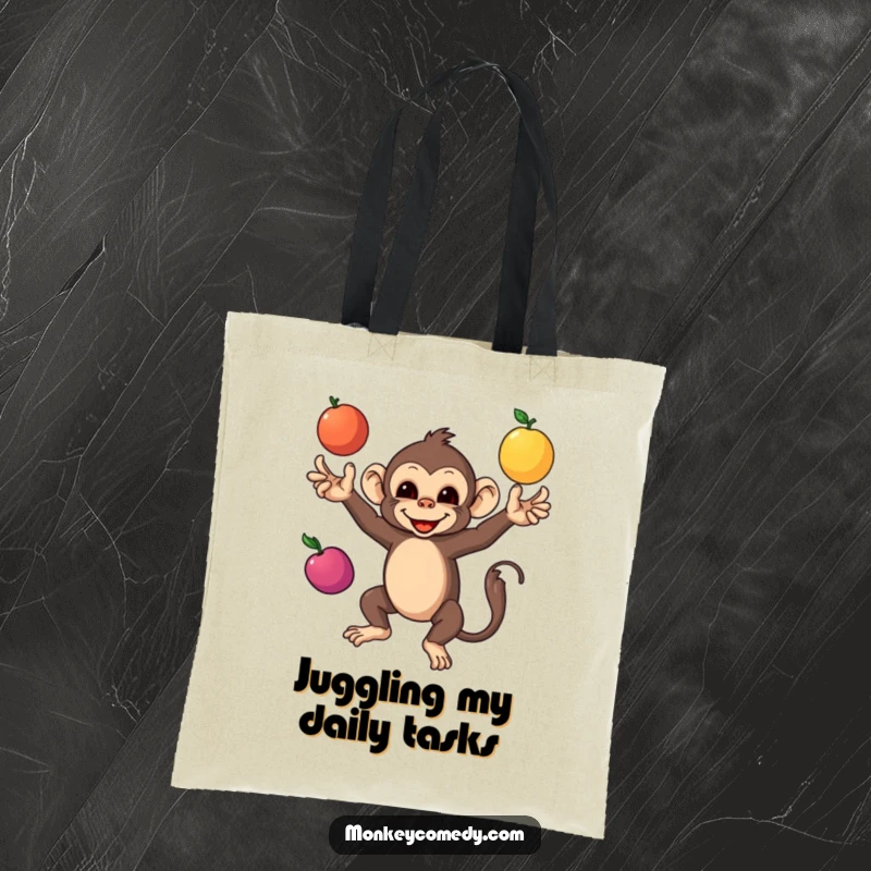 Funny Monkey Tote Bag showcasing a nimble monkey juggling three vibrant fruits, perfect for errands and carrying items with a smile.