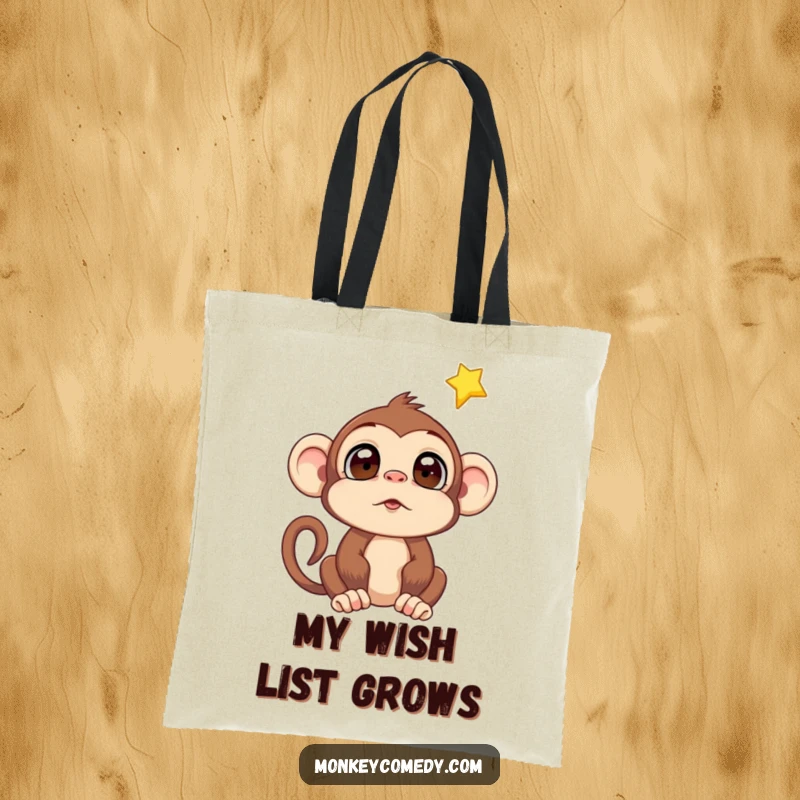 Funny Monkey Falling Star Tote Bag: Humorous bag featuring a surprised monkey gazing at a falling star, perfect for carrying dreams and essentials.