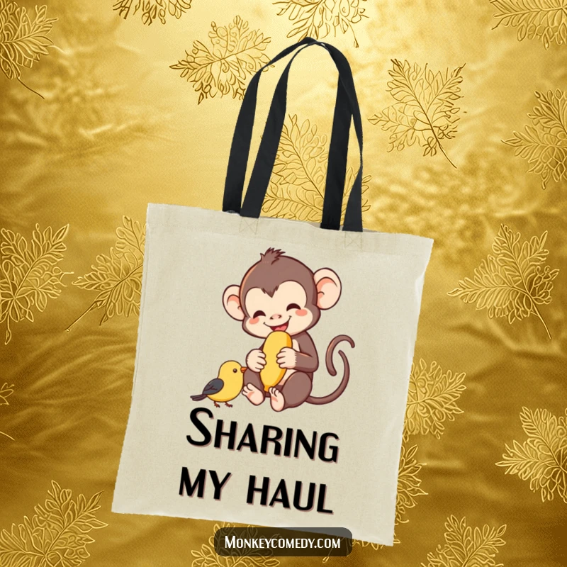 Funny monkey sharing a banana with a small bird, cheerful scene, durable tote bag, ideal funny gift.