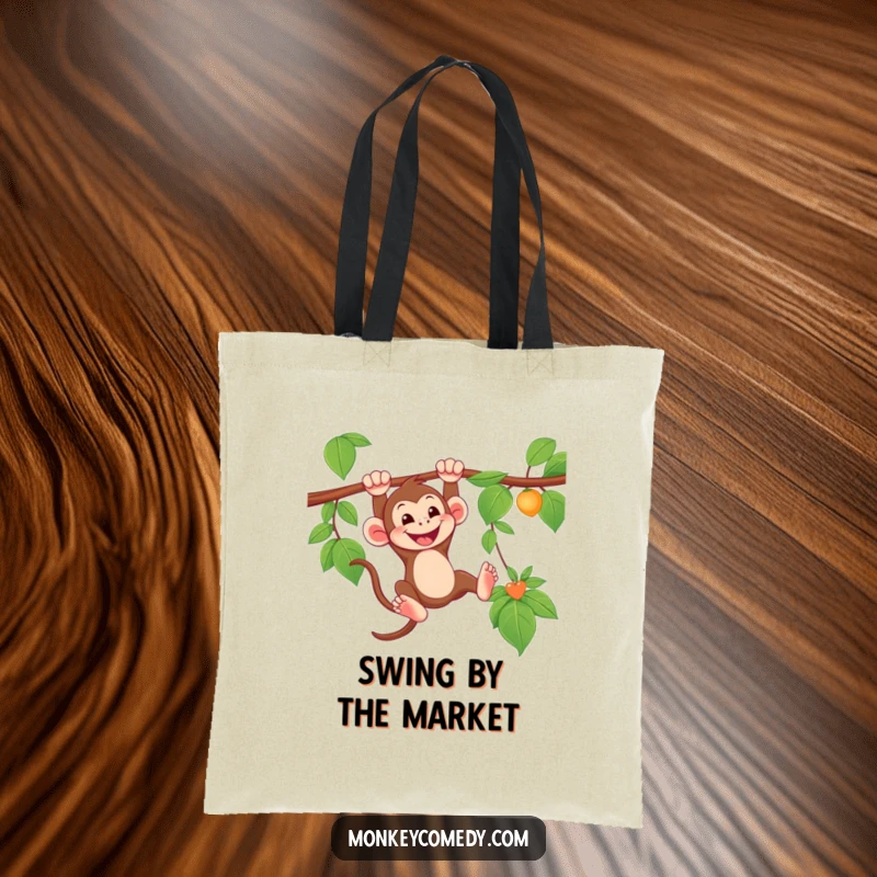 Funny Monkey Tote Bag with a grinning monkey swinging from a vine, perfect for carrying items with jungle humor.